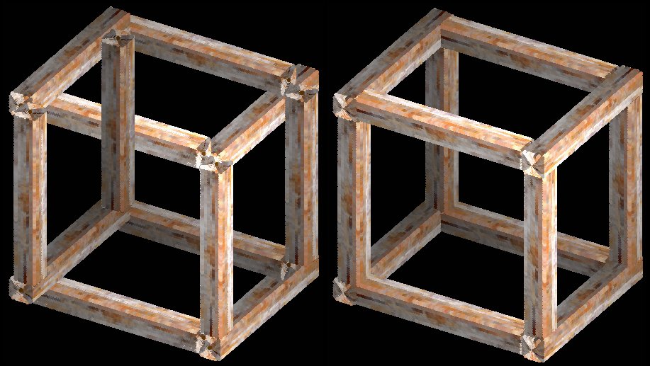 Рис. 17 Кадр из анимации на Рис. 16. Слева куб имеет неправильную раскраску для создания иллюзии невозможности его существования в трехмерном пространстве. Справа тот же куб, но с правильной нормальной окраской.