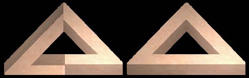 Рис. 2 Кадр из анимации на Рис. 1. Слева треугольник имеет неправильную раскраску для создания иллюзии невозможности его существования в трехмерном пространстве. Справа тот же треугольник, но с правильной нормальной окраской.