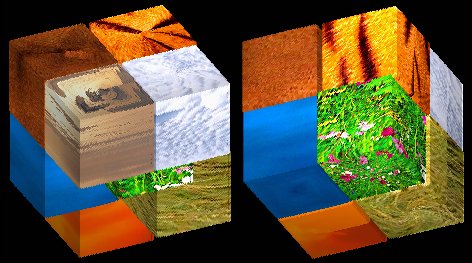 Рис. 20 Кадр из анимации на Рис. 19. Слева куб имеет неправильную раскраску для создания иллюзии невозможности его существования в трехмерном пространстве. Справа тот же куб, но с правильной нормальной окраской. Еще на этом рисунке существует иллюзия того, что кубы слева и справа ориентированы по-разному. Однако в действительности в трехмерном пространстве они ориентированы абсолютно одинаково.