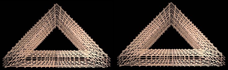 Рис. 3 Сетки сгенерированные из треугольников приведенных на Рис. 2 для подтверждения того, что анимация на Рис. 1 была действительно создана на базе использования трехмерной модели представляющей собой самый обычный треугольник без применения каких-либо геометрических отклонений.