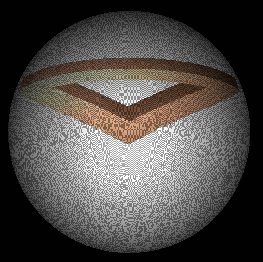 Рис. 5 Обычный треугольник, размещенный на поверхности многогранника с очень большим количеством граней, который принято называть шаром или сферой. В отличие от изображения на Рис. 4 половина граней многогранника выполнены в более темном цвете для того, чтобы показать, что это действительно многогранник, а не шар или сфера.